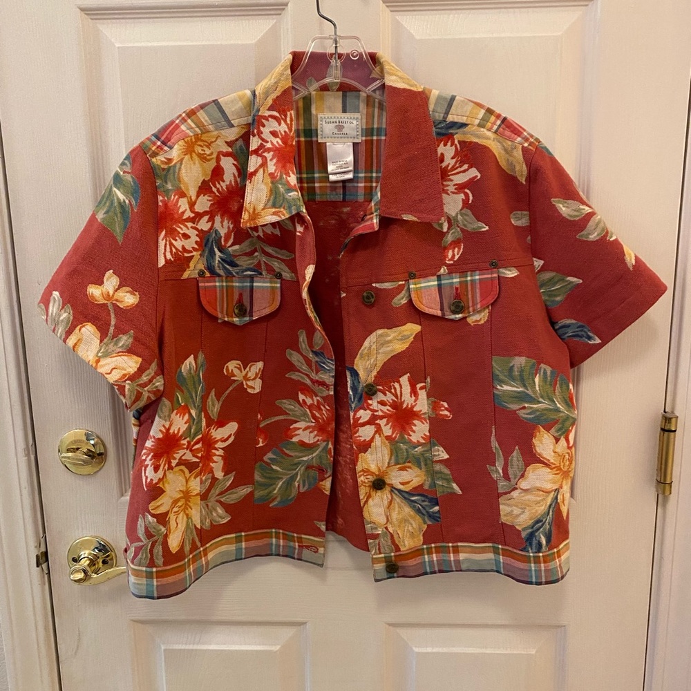 Susan Bristol linen floral and plaid jacket XL